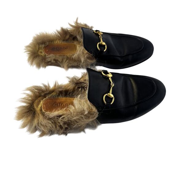 Gucci Princetown Black Leather Fur Lined Horsebit Mules Size 5.5 Designer Italy - Picture 2 of 7